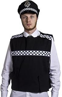 MENS POLICE VEST FANCY DRESS COSTUME - BLACK POLICE VEST IN ONE OF 2 SIZES AND POLICE OFFICER'S HAT - PERFECT FOR COPS AND ROBBERS FANCY DRESS COSTUMES