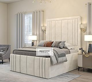 Upholstered Bed Frame, Ottoman Storage Bed Frame, Plush Velvet Bed Frame With Storage, Double King,Super King Bed Frames (Cream Plush Velvet, 5FT KING)