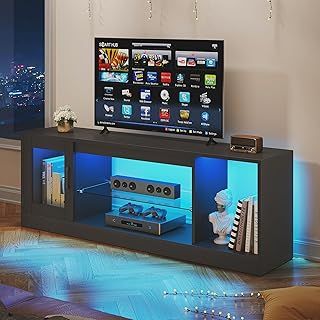 YITAHOME TV Cabinet Stand Unit, Modern Style TV Table for Flat Screens Up to 65 Inch, Open Adjustable Glass Storage Shelves for Living Room, Gaming, Entertainment Room, Hallway, Bedroom