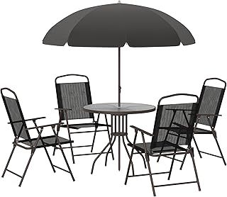 Outsunny 6 Piece Garden Dining Set with Umbrella, Patio Sets with Parasol with 4 Folding Dining Chairs & Round Tempered Glass Table, Black