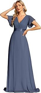 Ever-Pretty Women's Double V-Neck Short Flutter Sleeves Empire Waist Elegant Chiffon Long Evening Dresses 9890