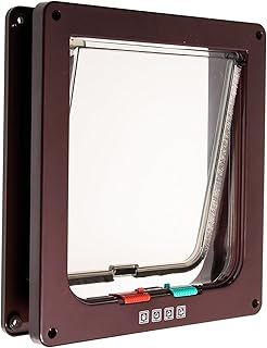 Size L large lockable cat flap, dog flap for small dog, 4-way, locking pet flap door, with 4 functions: prohibit in & out, allow in & out, only in, only out, brown, magnetic cat door, pet door