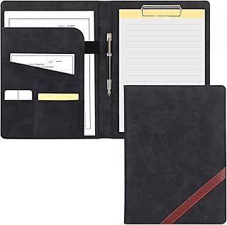 Faux Leather Conference Folder, Portfolio Folder - A4 Faux Leather Business Document Organizer with A4 Writing Pad, Document Bag, pencil clip,Business Card Holders for Business School (deep black)