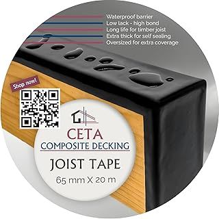 Ceta Composite Decking Extra Long 20m Butyl Joist Tape 50mm x 20m & 65mm x 20m Butyl Tape Weather Proof for Flashing Decking Subframe, Decking Tape, Weather-Proof, MULTI PACK (65mm x 20m x 5 Rolls)