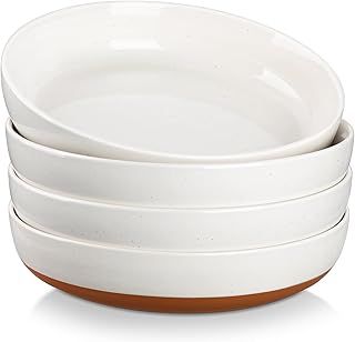 MALACASA Pasta Bowls Set of 4, Large Pasta Bowls, Ceramic Soup Bowls, 48 OZ, 9 inch, Microwave and Dishwasher Safe, White and Brown, Serie Tara