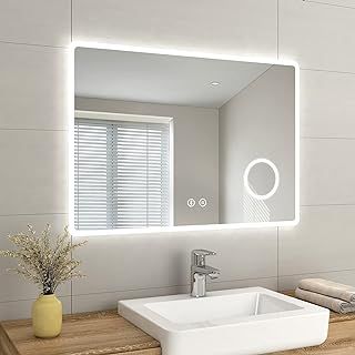 EMKE LED Bathroom Mirror with Shaver Socket 1000x700mm, Bluetooth Bathroom Mirror with Lights, Backlit Wall Mounted LED Mirror with 3X Magnifier, Bluetooth Speaker, Dimmable, Horizontal