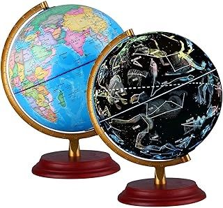 Illuminated World Globe for Kids & Adults All Ages With Wooden base Night View Stars Constellation Pattern Globe lamp with Detailed World Map Built-in LED Educational Gift Night Stand Decor