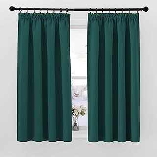 PONY DANCE Dark Green Thermal Blackout Curtains 54 Inch Drop for Bedroom, Living Room Blackout Pleat Curtains with Hooks for Track Short Curtains for Window Treatment, W46 X L54, Dark Green