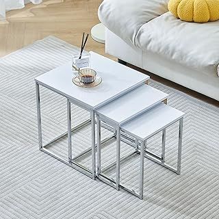 Nested Tables Set of 3, 3pcs Square Side Table End Table for Living Room, High Gloss Nesting Coffee Table (Pure White)