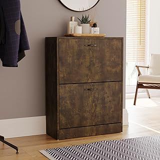 Vida Designs 2 Drawer Shoe Cabinet Cupboard Shoe Storage Pull Down Shoe Organisation Storage Organiser Wooden Furniture Unit (Dark Wood)
