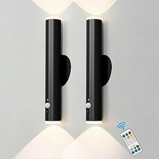 HARPER LIVING Wall Lights Set of 2 Battery Operated, LED Rechargeable Wall Lamp with Motion Sensor and Remote, Dimmable and Color Changing Wall Sconces for Living Room Bedroom Hallway, Balck