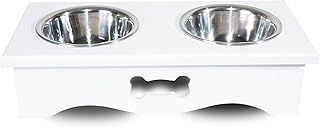 WICKERFIELD Dog Food Feeding Stand Station with Stainless Steel Double Raised Bowels in a Wooden Frame for Home (White)
