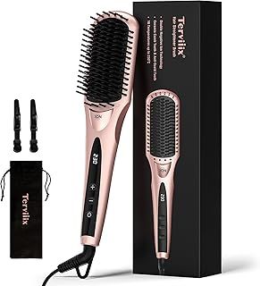 Terviiix Hair Straightening Brush, Negative Ion Ceramic Hair Straightener Brush for Hair Types, Anti-Scald Ceramic Straightener Comb with Dual-Voltage, 16 Temp Settings Hot Brush, Auto-Off