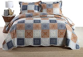 Qucover Super King Bedspreads Lightweight Polyester Reversible Quilted Bed Throw, Grey and Brown Patchwork Pattern Quilted Bedspreads with 2 Pillowcase, 250x270 cm