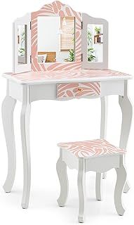 GYMAX Kids Vanity Table and Stool Set, Wooden Children Dressing Table with Tri-folding Mirror & Drawer, 2 in 1 Girls Makeup Dresser for Bedroom (Zebra + Pink)
