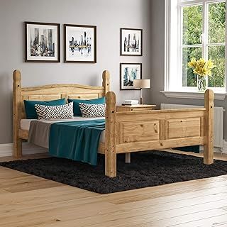 Vida Designs - Corona Double Bed Frame, 4 ft 6 in, High Foot End, Made from Distressed Waxed Pine, Solid Wood, Beige, 110 x 149 x 207 cm