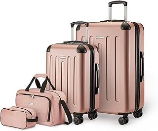 Amazon Basics Hardside Spinner Luggage Set, 4-Piece, Large Suitcase, Carry-On Suitcase, Tote Bag, Compact Travel Bag, Expandable, 4 Spinner Wheels, Rose Gold