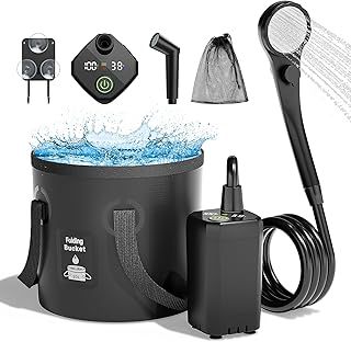 Mytrix 2024 Upgraded Portable Camping Shower Full Set, 6000mAh Rechargeable Power Suction Pump with Smart Display, Multi-Modes Spray Head & 5 Gal Water Foldable Bucket for Outdoor Travel Hiking