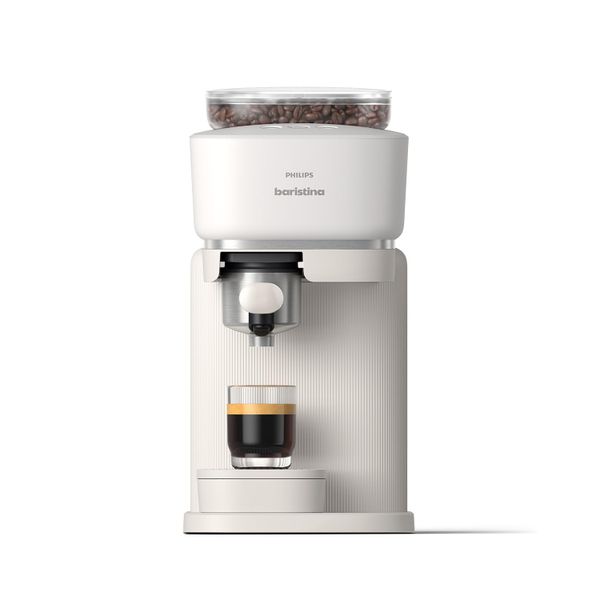 Philips Baristina Espresso Machine - Real espresso, made simple. Compact coffee machine, natural white with white portafilter, 16 bar pump pressure, automatic grinder, Cafe Crema (BAR300/00)