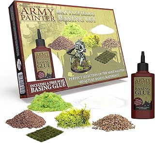 The Army Painter Battlefields Basing Set, 50ml PVA Glue, 35 Green Tufts, 1 Box of Fake Moss/Grass, Brown Battleground, Summer Undergrowth, Battle Rocks and Battlefield Snow for Warhammer 40k