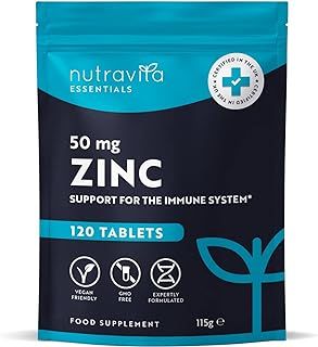 Zinc Tablets 50mg – 120 High Strength Vegan Tablets (4 Months Supply) – Highly Absorbable Zinc Supplements for Maintenance of Normal Immune System, Bones, Hair, Skin & Nails – Made in UK by Nutravita