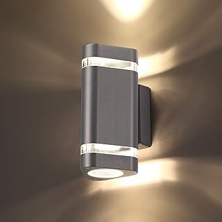 Outside Wall Lights, Up and Down Outdoor Wall Lights Mains Powered, IP65 Waterproof Front Door Porch Light Lamp Modern 3000K Aluminium, External LED Lighting Wall Mounted for House, Grey