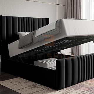 King Size Bed Frame with Storage - Black Velvet Ottoman Bed King Size - Panel Storage Bed Mattress Not Included - 48inch High Headboard