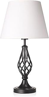 Traditional Matte Black Table Lamp with Barley Twist Metal Base and Ivory White Linen Shade | 11w Maximum | Ideal for Bedside Lamps by Happy Homewares