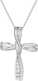 FANCIME Solid 925 Sterling Silver White Gold Plated CZ Cubic Zirconia Twisted Cross Infinity Open Loop Crucifix Pendant Necklace Jewellery Gift for Women Girls - Chain Length: 16 + 2 Inch