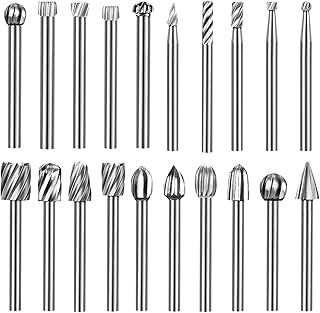 Hakkin Wood Carving Tools 20Pcs Tungsten Carbide Rotary Burr Set for Rotary Tool Wood Carving Drill Bits with 3mm Shank Rotary Tools Accessories for DIY Woodworking Engraving Grooving Polishing