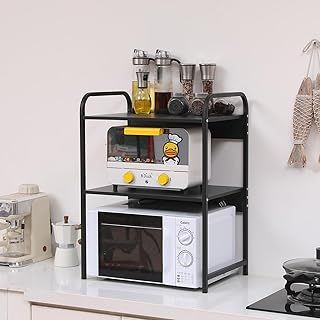 3 Tiers Microwave Oven Rack, Free Standing Microwave Shelf for Kitchen, Home Office Desktop Printer Rack, Countertop Storage Organizer for Spices Pots and Pans, Black