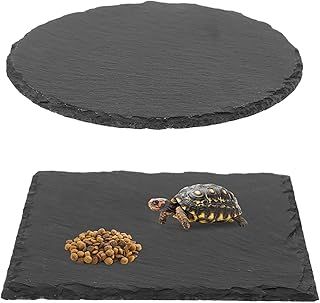 2 Pcs Reptile Basking Platform Tortoise Rock Plate Slate Reptile Basking Platform Feeding Dish Natural Rock Bathing Resting Platform for Turtle Lizard Bearded Dragon Gecko Snake Habitat Decor