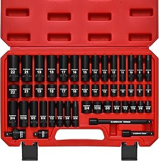 3/8" Drive Impact Socket Set, 49 Piece Standard SAE and Metric Sizes (5/16-Inch to 3/4-Inch and 8-22 mm), 6 Point, Cr-V Steel Socket Set