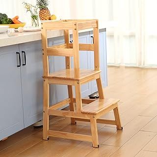 Kids Kitchen Step Stool for Kids with Safety Rail, Solid Wood Construction Toddler Learning Stool Tower,Montessori Kitchen (Natural)
