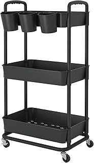 JIUYOTREE 3-Tier Plastic Rolling Storage Cart Utility Cart with Extra Hanging Cups Handles Lockable Wheels for Living Room Bathroom Kitchen Office Black