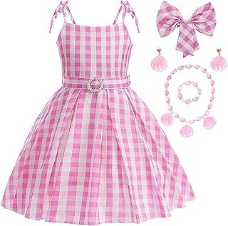 Girls Princess Dress Up Pink Plaid Dress Pink Costume With Accessories Princess Fancy Dress Kids Outfits Carnival Halloween Birthday Party Cosplay Costume 3-12 Years