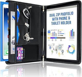 STYLIO Zippered Conference Folder. A4 Padfolio Portfolio Binder, Resume Document Organiser. Holder for iPad/Tablet (up to 11") Phone & Business Cards. Vegan Leather Case w Notepad
