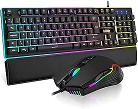 K10 Wired Gaming Keyboard and Mouse Combo, UK Layout, True RGB Backlight, Soft Leather Wrist Rest, Mechanical Feel Ergonomic Anti-Ghosting Keyboard + 7D 7200 DPI Mouse for PC Mac (Black)