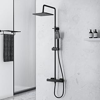 MORADO Thermostatic Shower Mixer Set Matte Black,Adjustable Height Thermostatic Shower Set,Thermostatic Shower Bar Set with Square Rainfall Shower and Multi-Function Hand Shower, Matte Black