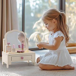 Navaris Kids Vanity Table - Makeup Desk for Girls and Boys - Childrens Wooden Play Dressing Table with Mirror - Toddler Toy Make Up Accessories Set for Children Age 3+ - Pale Pink