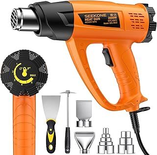 2000W Heat Gun, SEEKONE Variable Temperature 60℃- 600℃ Hot Air Gun Kit with 2 Airflow Speeds, Ceramic Heating Core Overload Protection 7 Accessories for Removing Paint, Shrinking PVC