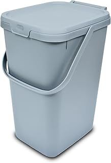 Addis 519226 Kitchen Recycling & General Storage bin 18 litres Stackable Food Waste Organiser Caddy with Clip lock lid & carrying Handle, Eco from Recycled Plastic Light Grey