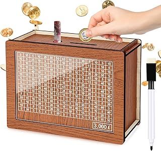 £3,000 Cash Vault Wooden Money Saving Box Coin Counter Piggy Bank for Adults Kids Cash Saver Box with Money Target and Numbers