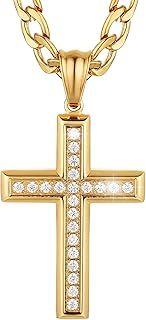 HZMAN 24K Gold Plated Solid CZ Cross Necklace for Men Women Stainless Steel Religion Jewelry with 24 Inch Figaro Chain