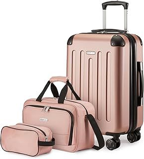 Amazon Basics Hardside Carry-On Spinner Luggage Set, 3-Piece, Carry-On Suitcase, Tote Bag, Compact Travel Bag, Expandable, 4 Spinner Wheels, Rose Gold