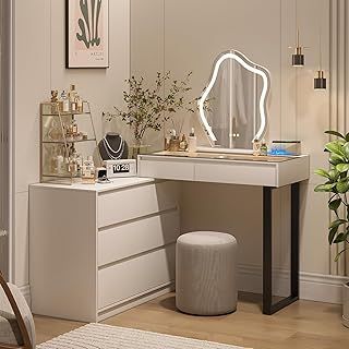 Vanity Dressing Tables with LED Lights, Glass Top Vanity Table Makeup Desk with Cloud-Shaped Mirror and 5 Drawers, White Dresser with Charging Station for Bedroom