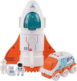 HOMCENT Spaceship Toy for Boys, Space Shuttle Toys with Lights&Sound, 3 Astronauts Figure, Openable Cockpit, Spray Exhaust, Astro Venture Space Playset with Lunar Car(Orange)