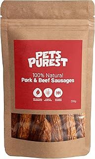 Pets Purest Natural Dog Treat Chews - 100% Healthy Air-Dried Pork & Beef Sausage Meat Treats for Dogs, Puppy & Senior. Grain & Gluten Free Low Fat Raw Protein Dog Food Snack (200g)