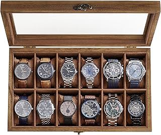 SONGMICS Watch Box with 12 Slots, Watch Case, Solid Wood Watch Box Organiser with Large Glass Lid, Watch Display Box with Removable Pillows, Gift Idea, Rustic Walnut JOW120K01