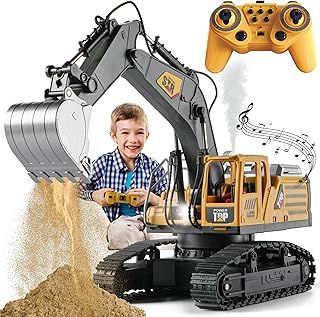 Remote Control Digger Toys 14 Channel Remote Control Excavator Construction Toys Tractor,Simulated smoke, sound, lighting, metal digging head,RC Truck Toys for Boys 6 7 8 9 10 11 12